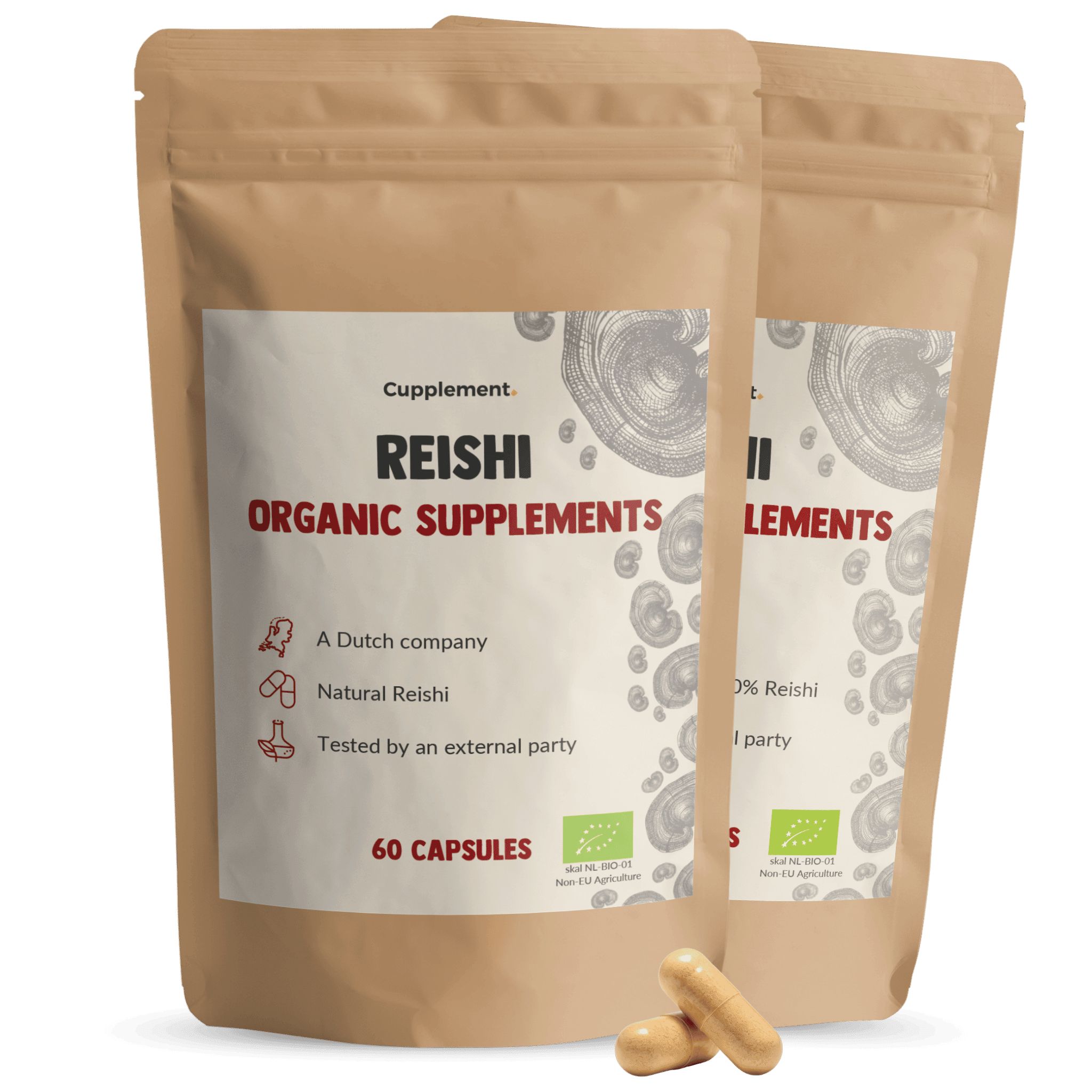 Twee zakjes Cupplement® Reishi Kapseln. Opschrift: Reishi Organic Supplements, 60 capsules. Bruine capsules ernaast.