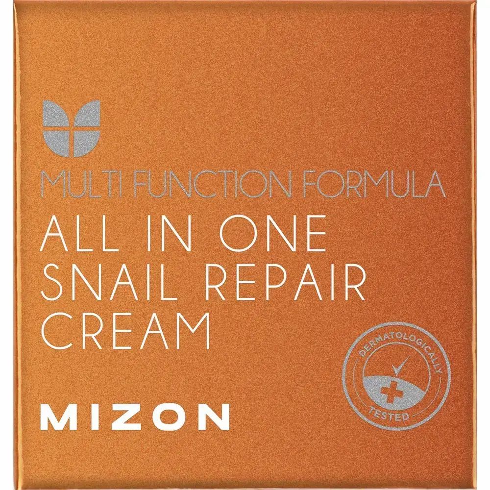 Oranje doos met opschrift: ALL IN ONE SNAIL REPAIR CREAM. Merk: MIZON. Dermatologisch getest.
