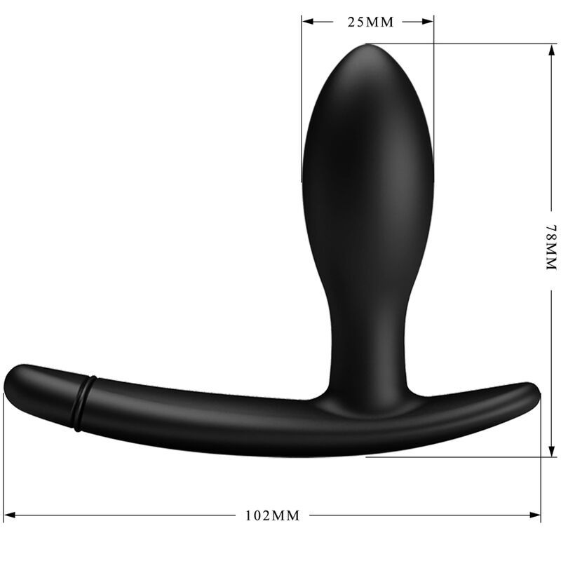 Afmetingen van een zwarte anale plug: lengte 102mm, breedte 25mm, hoogte 78mm.