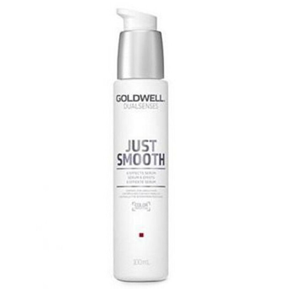 Sérum Goldwell Dualsenses Just Smooth. Flacon blanc avec pompe argentée. Nom du produit et logo visibles.
