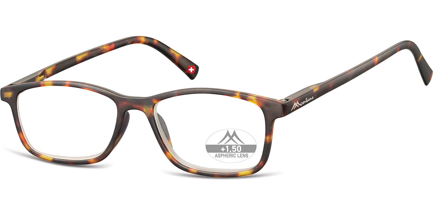 Lunettes marron à monture rectangulaire, verres +1.50. Logo Montana Eyewear et croix suisse sur la branche.