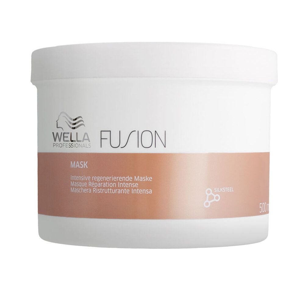 Witte pot met koperkleurige band. Opschrift: FUSION Mask, Intensieve herstellende Masker. Logo: Wella.