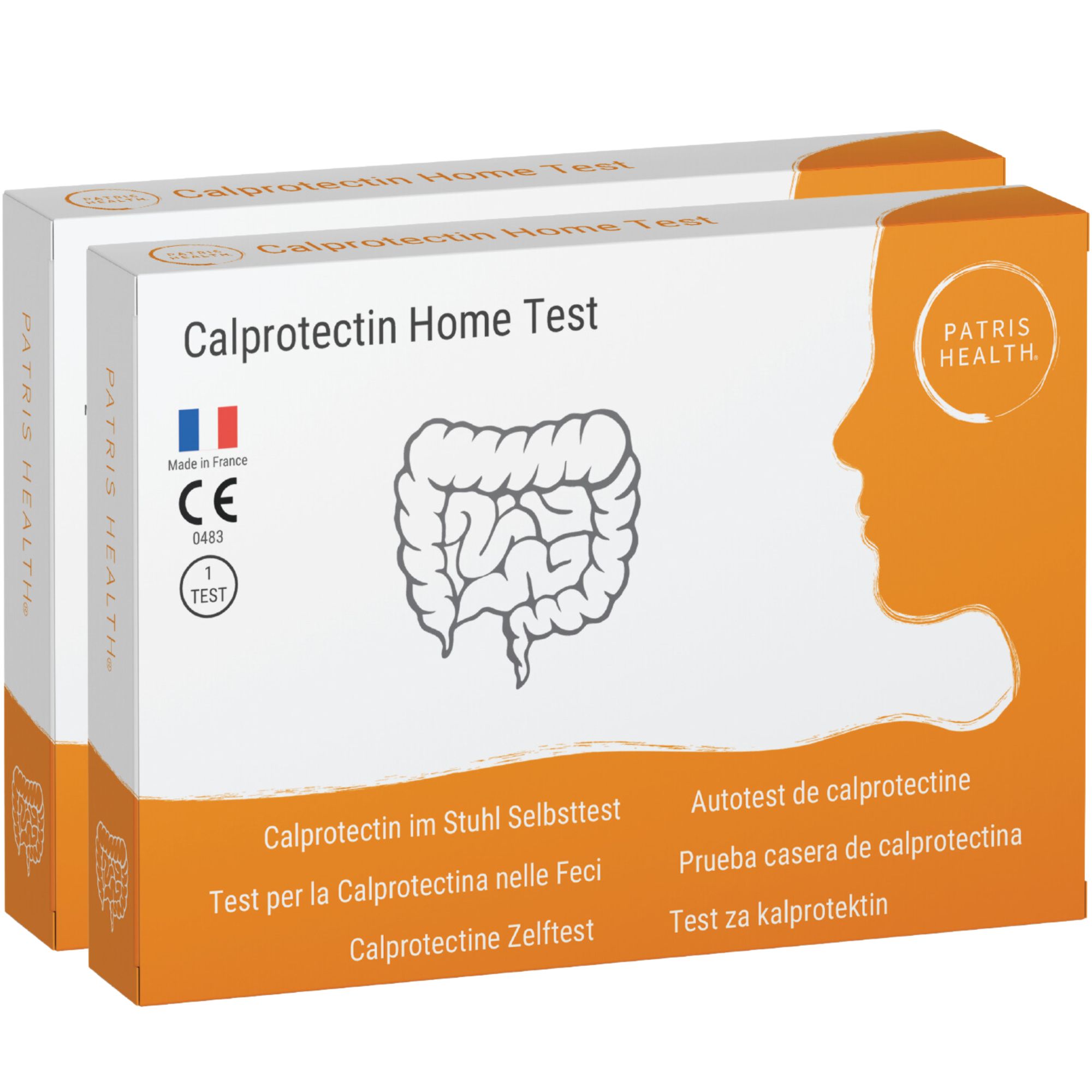 Twee productverpakkingen naast elkaar. Opdruk: Calprotectin Home Test, logo, CE-markering, land van herkomst Frankrijk.
