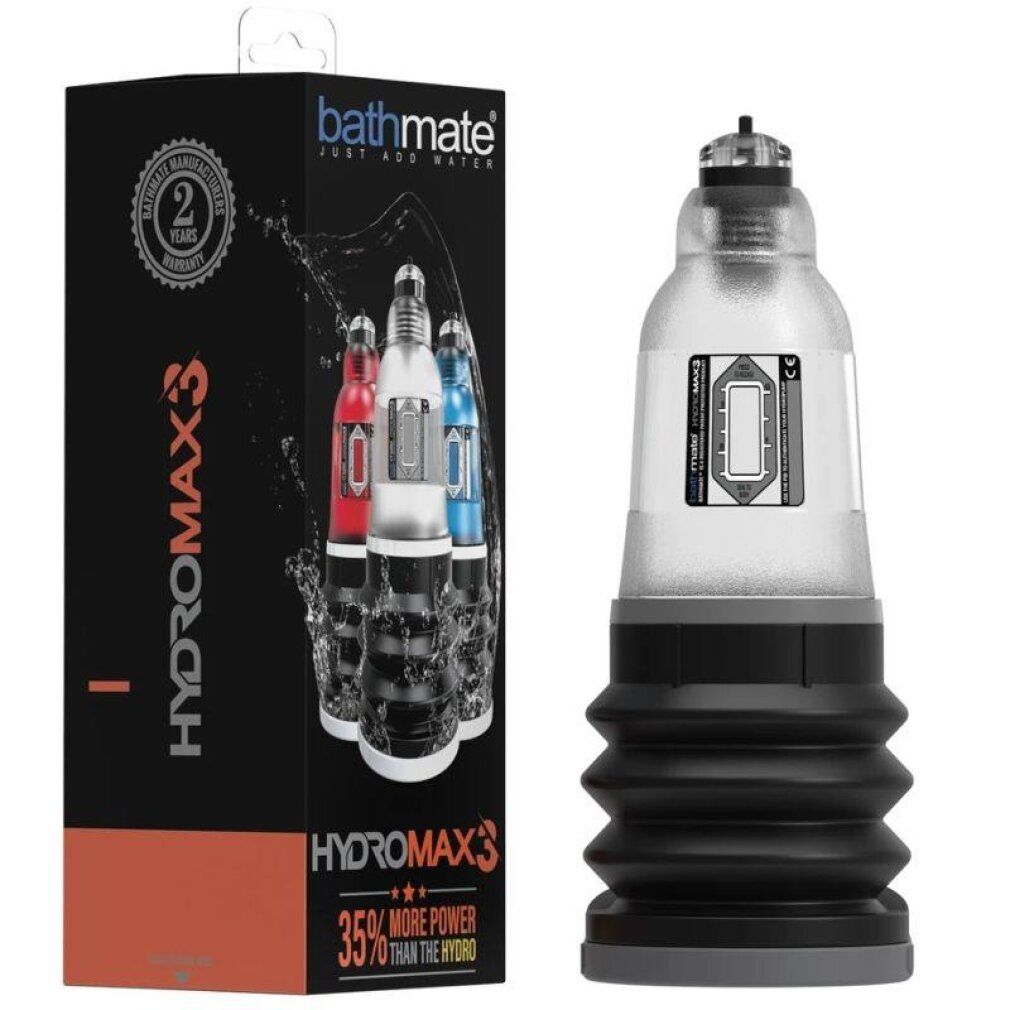 Bathmate Hydromax3 et son emballage. Pompe transparente avec soufflet noir.