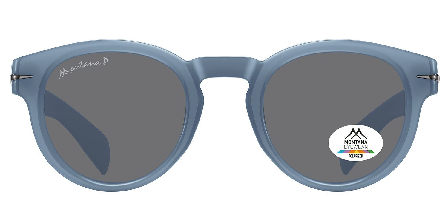 Lunettes de soleil bleues claires avec verres ronds. Logo Montana Eyewear sur la branche et le verre. Verres polarisés.