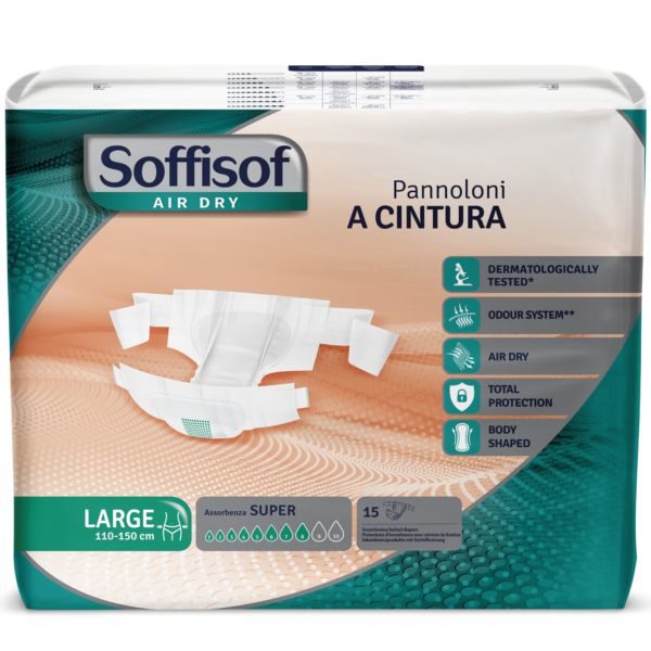 Paquet de Soffisof, protection d'incontinence avec ceinture, taille Large. Contient 15 unités. Caractéristiques et certifications.