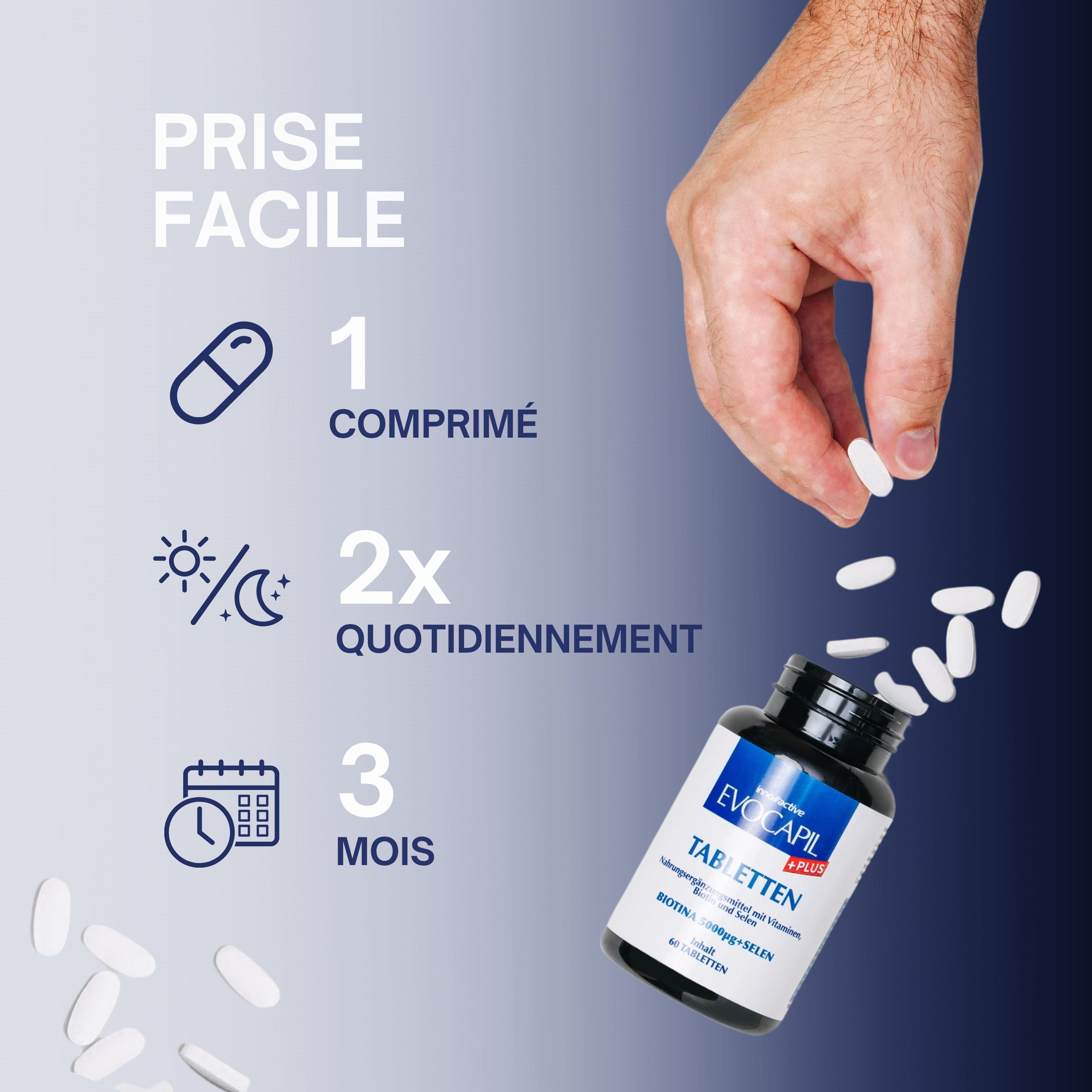 Main mettant un comprimé dans un flacon. Inscription : Prise facile. 1 comprimé, 2x par jour, 3 mois.