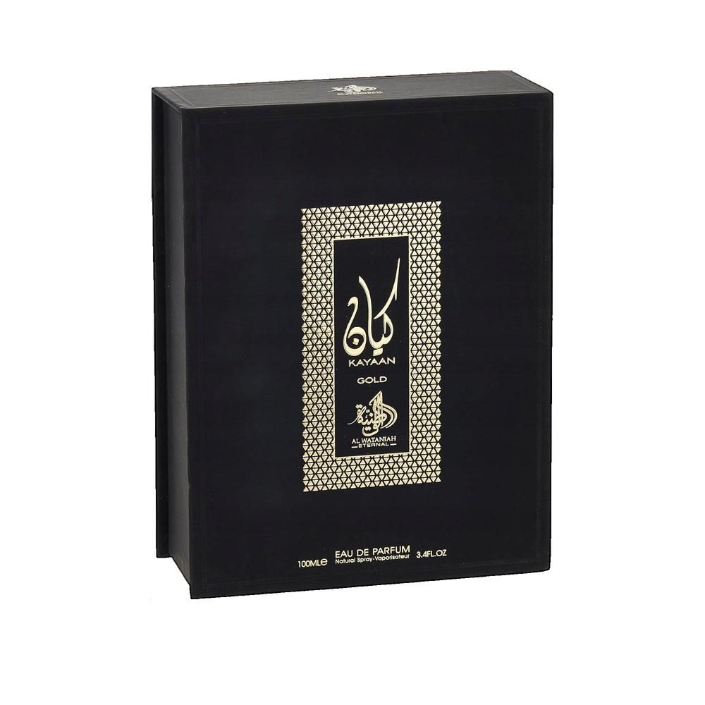 Emballage rectangulaire noir avec logo et texte dorés : Kayaan Gold. Inscription : Eau de Parfum.