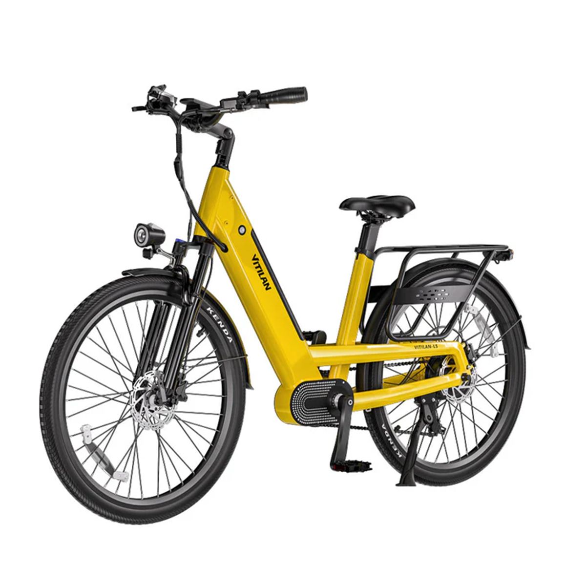 Vélo électrique Vitilan L5 jaune. Pneus noirs, porte-bagages, phare. Inscription Kenda sur les pneus.
