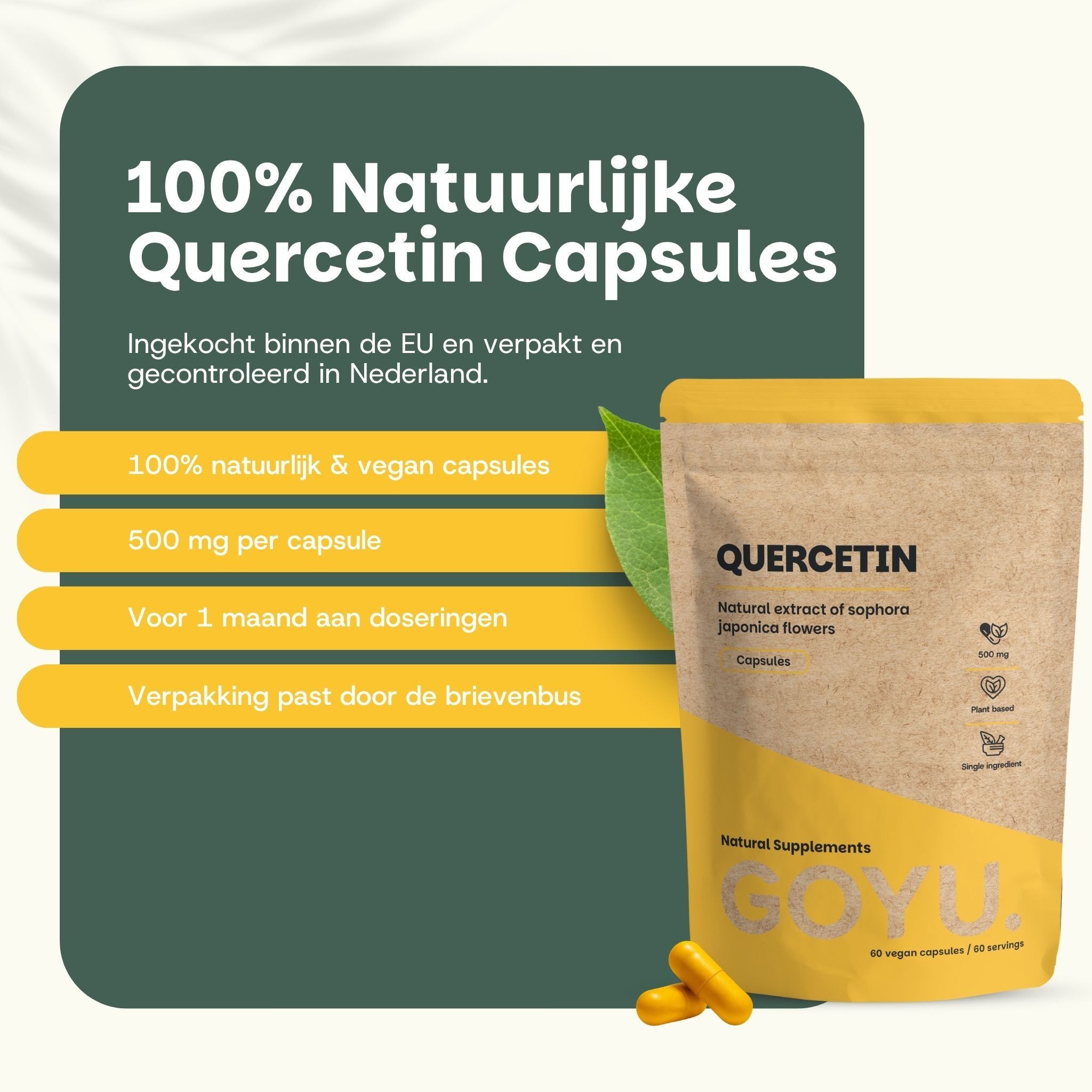 Eén Quercetine capsule, geopend en met poeder. Tekst over 100% natuurlijke, vegan capsules.