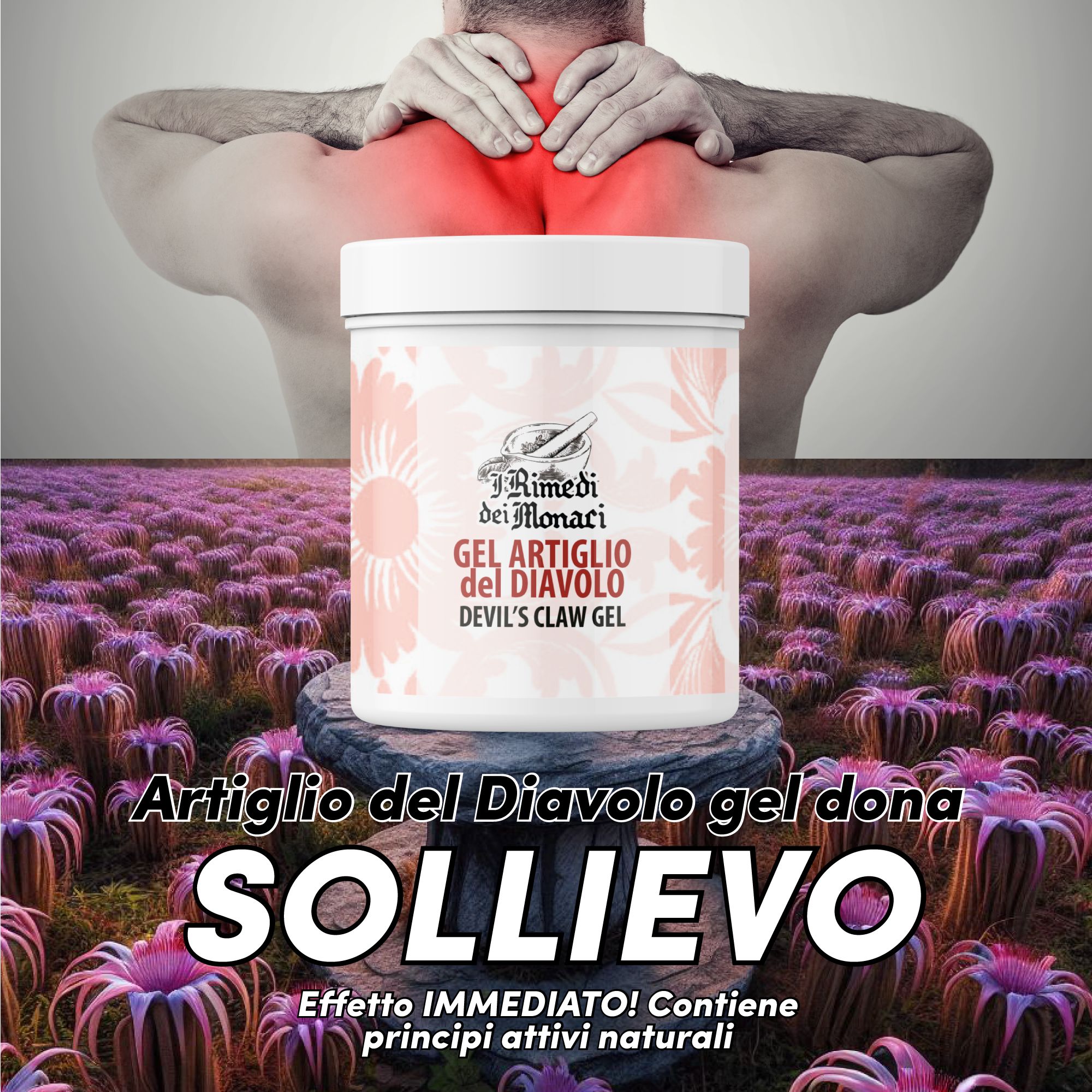 Witte pot met logo en opschrift 'Gel Artiglio del Diavolo'. Opschrift 'Devil's Claw Gel'. Op een bloemig oppervlak.