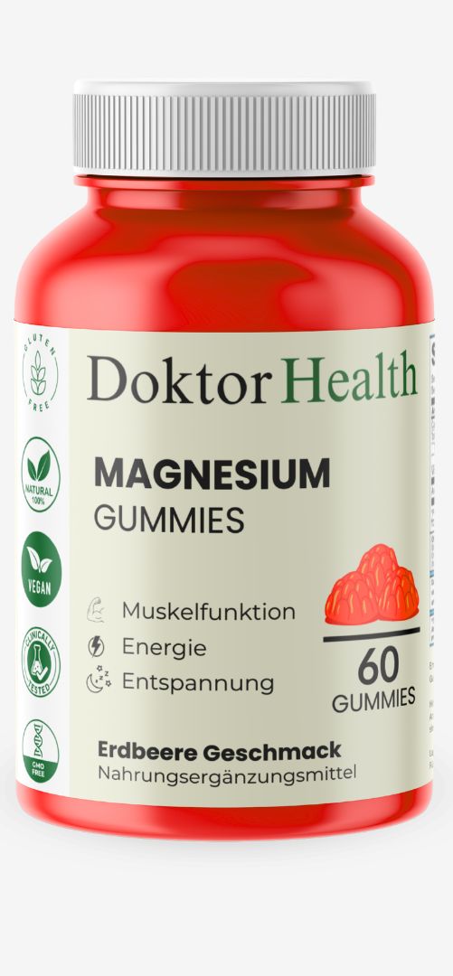 Rode fles Doktor Health Magnesium Gummies. Opschrift: Magnesium Gummies, aardbeiensmaak, 60 gummies. Logo's: vegan, glutenvrij.