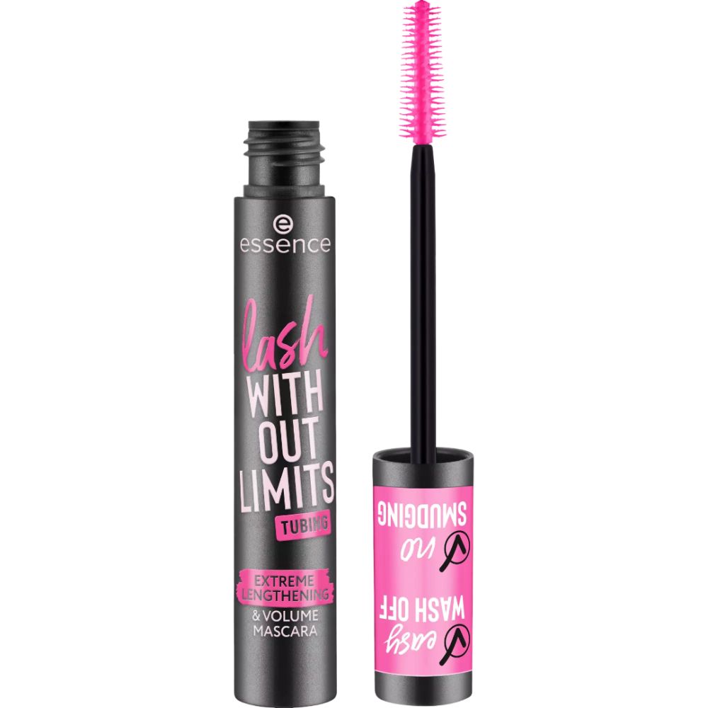 Brosse de mascara noire avec poils roses, à côté d'un tube de mascara noir avec texte rose. Marque : Essence.