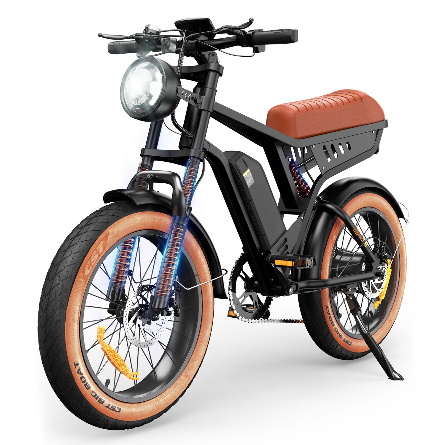Zwarte e-bike met bruin zadel en banden. Grote banden, koplamp en batterij.