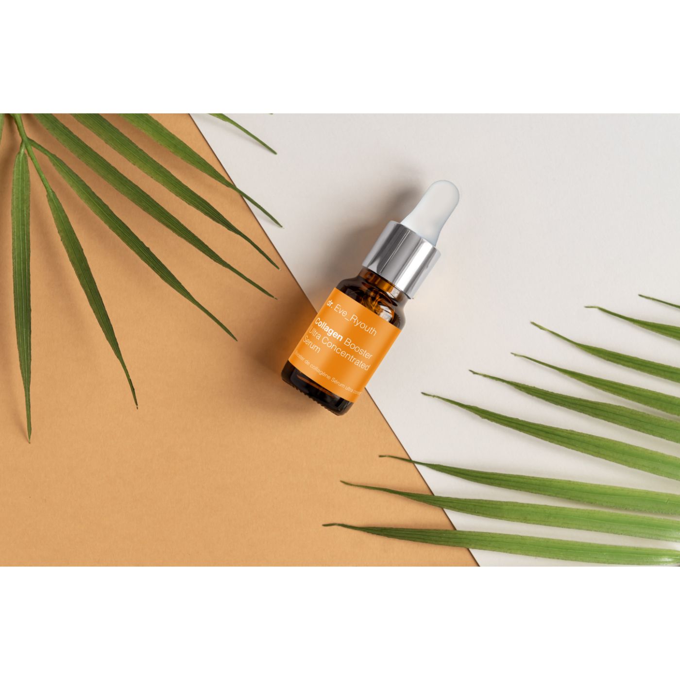 Flacon en verre brun avec pipette. Inscription: Collagen Booster Ultra Concentrated Serum. Sur fond brun et blanc.