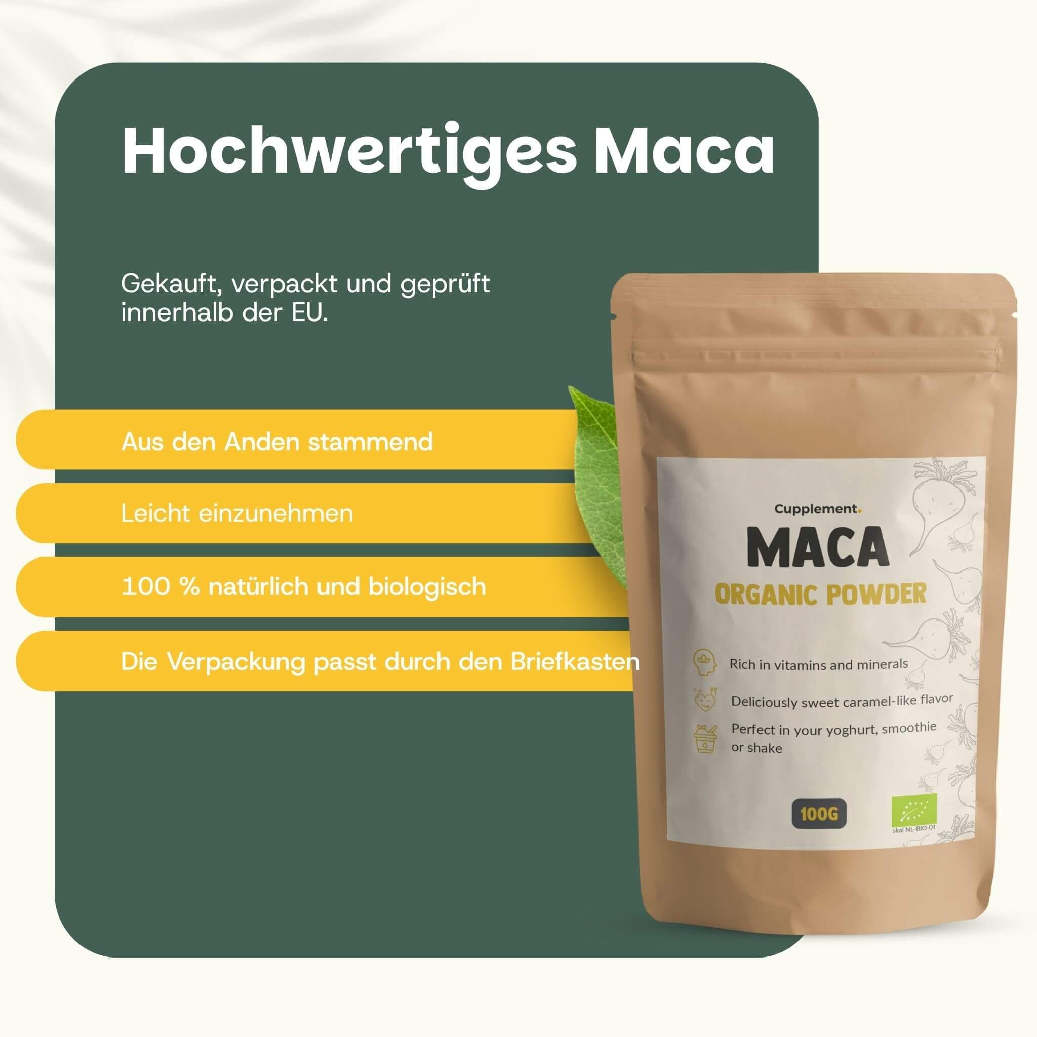 Bruine papieren zak met Maca biologisch poeder, 100g. Etiket: "Hochwertiges Maca", "Supplement MACA ORGANIC POWDER".