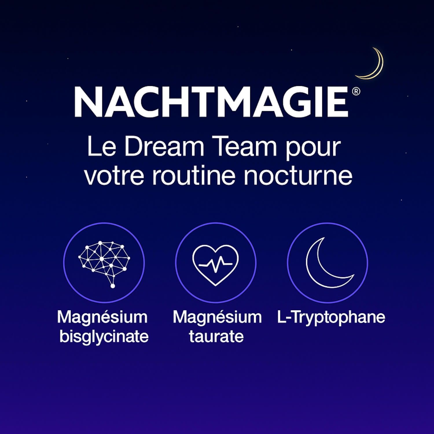 Flacon avec étiquette violette. Texte : NACHTMAGIE, Magnesiumbisglycinate, Magnesiumtaurate, L-Tryptophane. 200 gélules. Cartes Allemagne et USA.