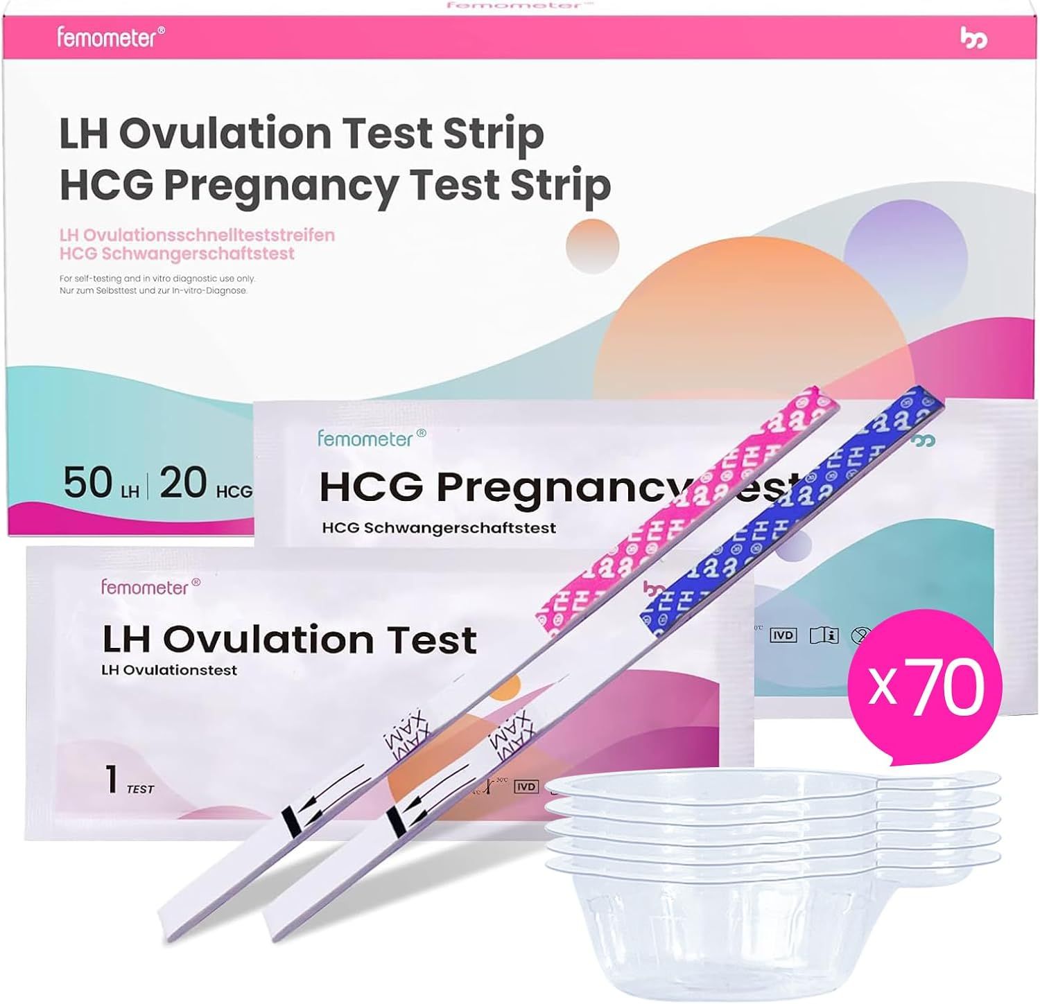 Productset met teststrips, bekers en verpakking. Opschrift: LH Ovulation Test Strip, HCG Pregnancy Test Strip. 50 LH, 20 HCG.