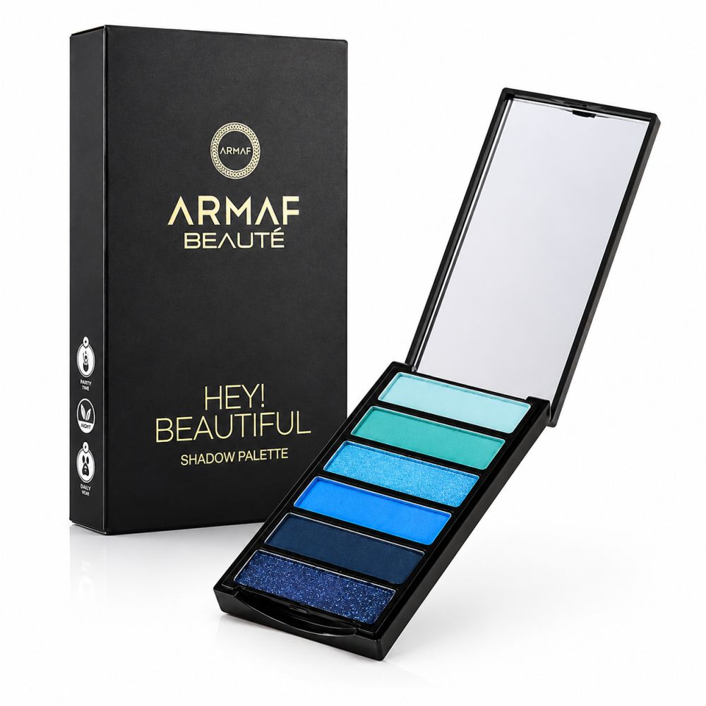Palette de fards à paupières Armaf Hey Beautiful avec six fards bleus et turquoise. Miroir inclus, emballage noir.
