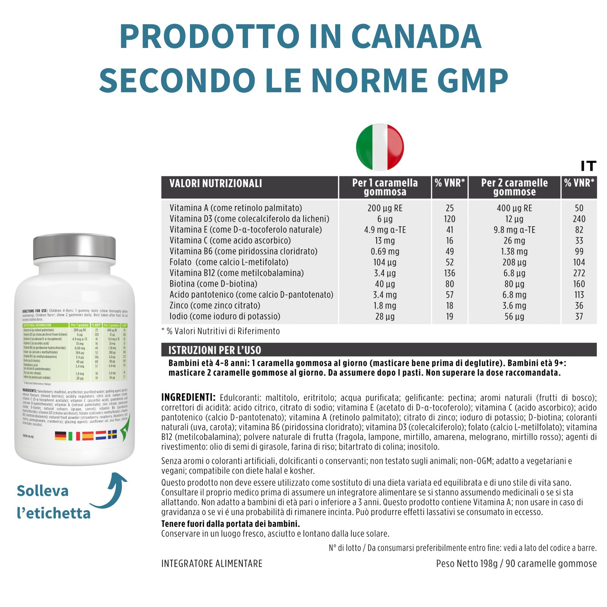 Flacon de gommes. Texte: Fabriqué selon les normes GMP. Informations nutritionnelles. Liste des ingrédients. Mode d'emploi. Certification végétalienne.