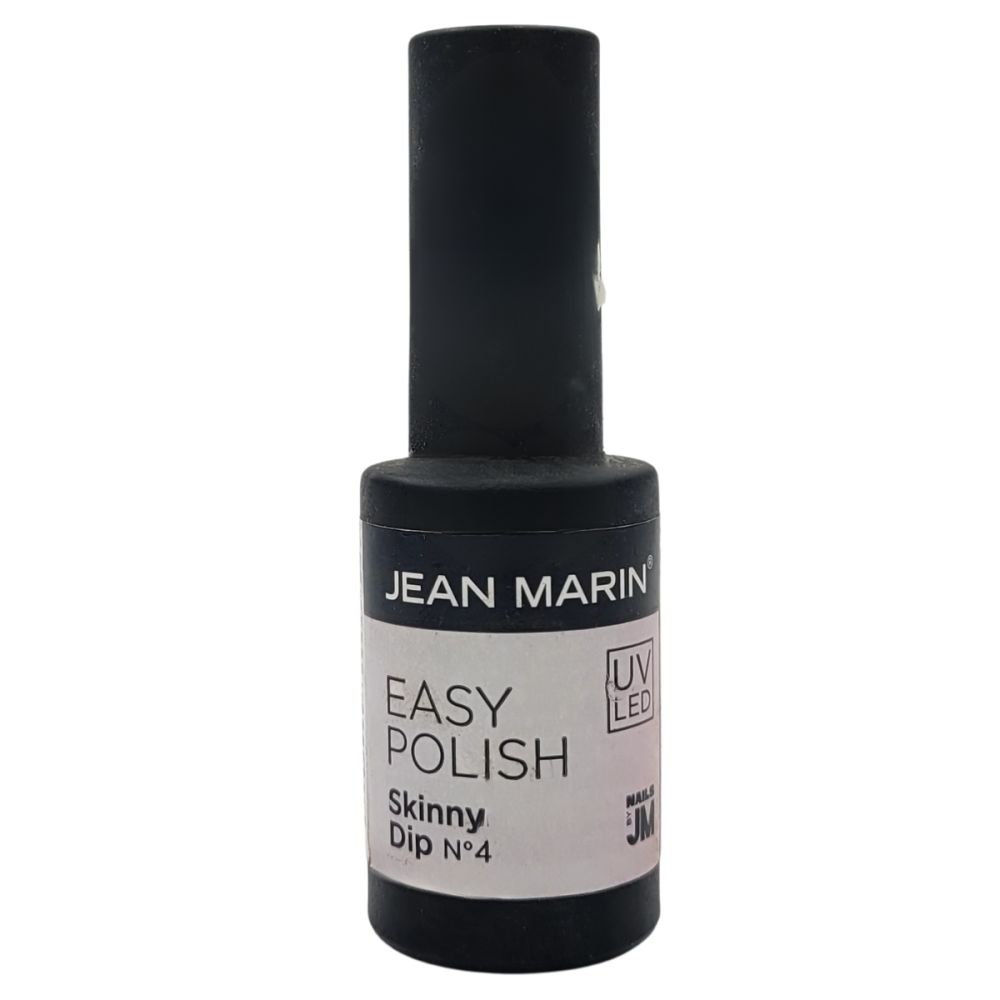 Flacon de vernis à ongles avec bouchon noir. Inscription : JEAN MARIN, EASY POLISH, Skinny Dip N°4. Avec logo UV LED.