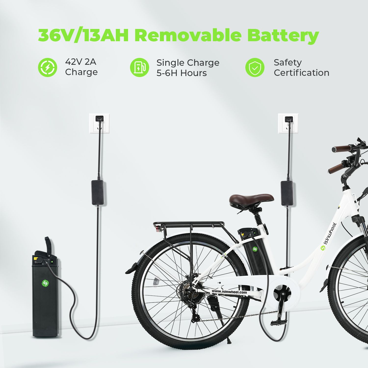 Elektrische fiets met afneembare 36V/13Ah batterij. Opladers en fiets op de achtergrond. Veiligheidscertificering.