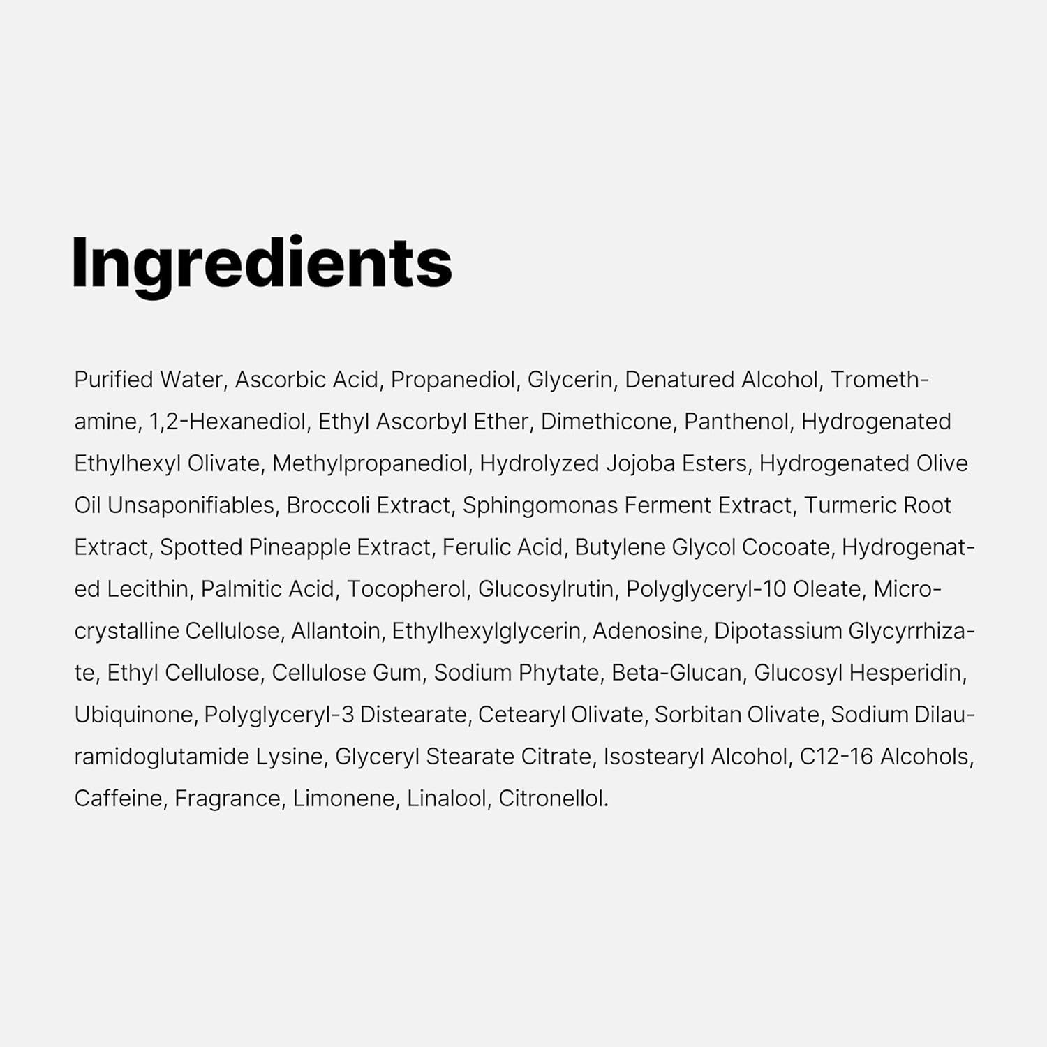 Liste des ingrédients de l'Age-R Vita C Pro Ampoule. Texte sur fond blanc.