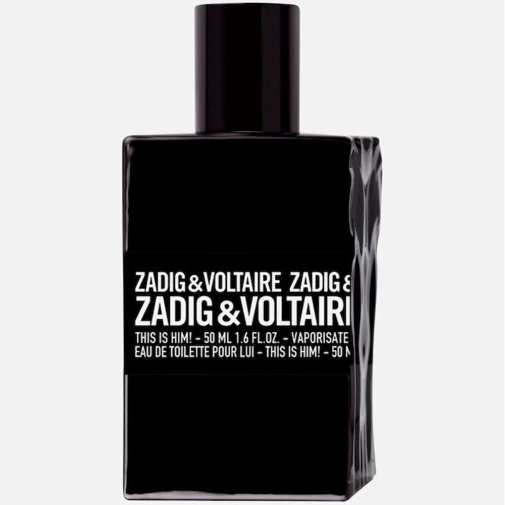 Zwarte fles van Zadig & Voltaire This Is Him Eau de Toilette. Tekst: Zadig & Voltaire, This Is Him! 50 ml.