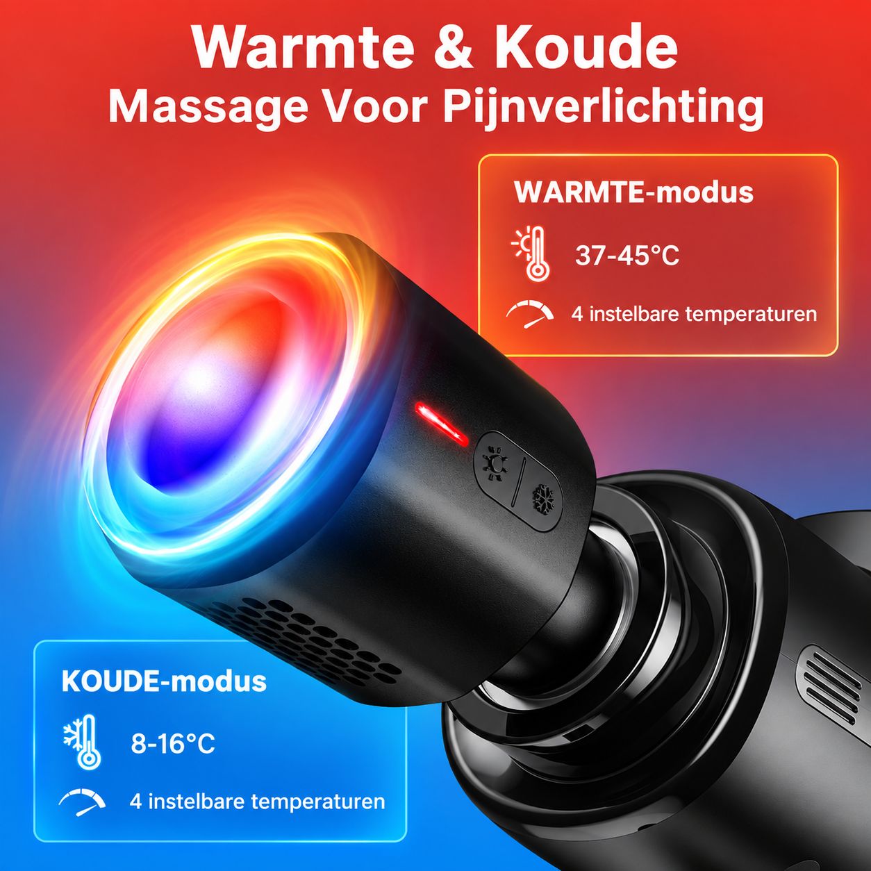Zwart massageapparaat met warmte- en koude modus. Biedt 4 temperatuurinstellingen: 37-45°C (warm) en 8-16°C (koud).