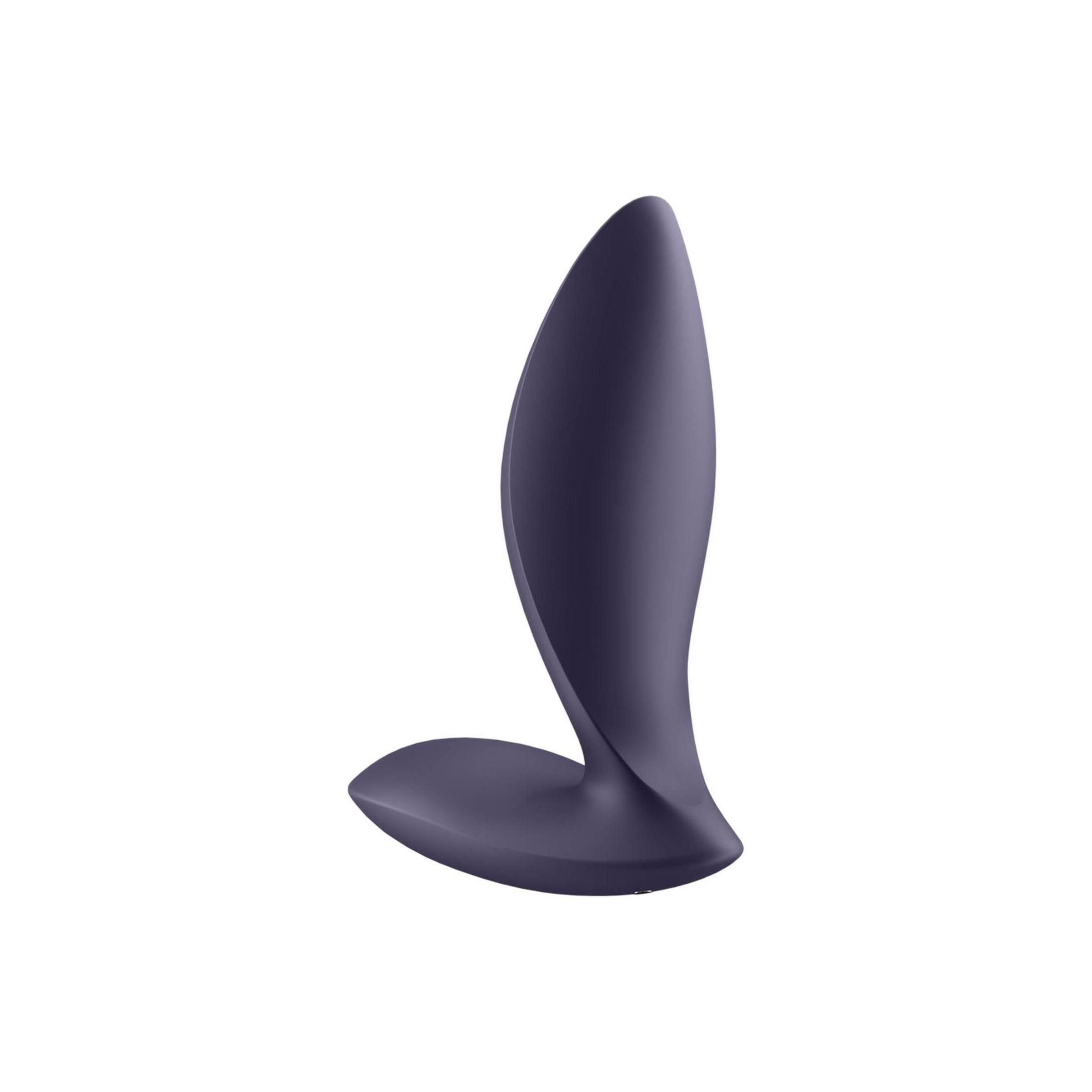 Vibrateur anal violet foncé vu de côté, de forme incurvée avec une base large.