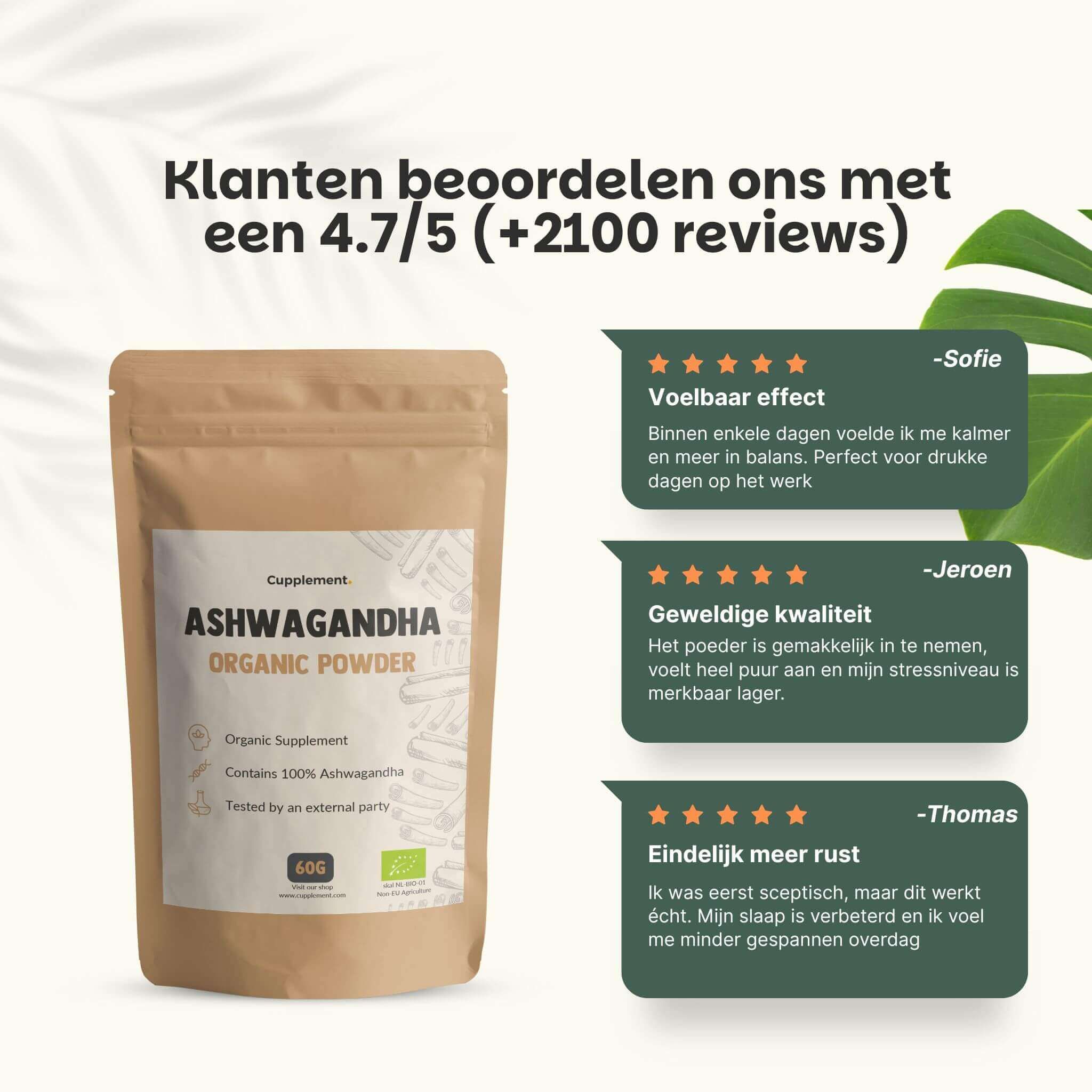 Zakje Cupplement® Ashwagandha poeder. Klantenbeoordelingen: 4,7 van 5 sterren. Citaten van klanten.