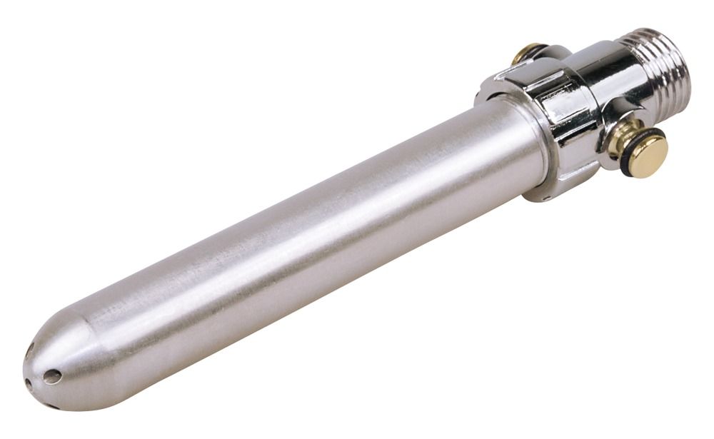 Douche intime en aluminium. Corps cylindrique, bout arrondi et plusieurs buses. Raccords chromés.