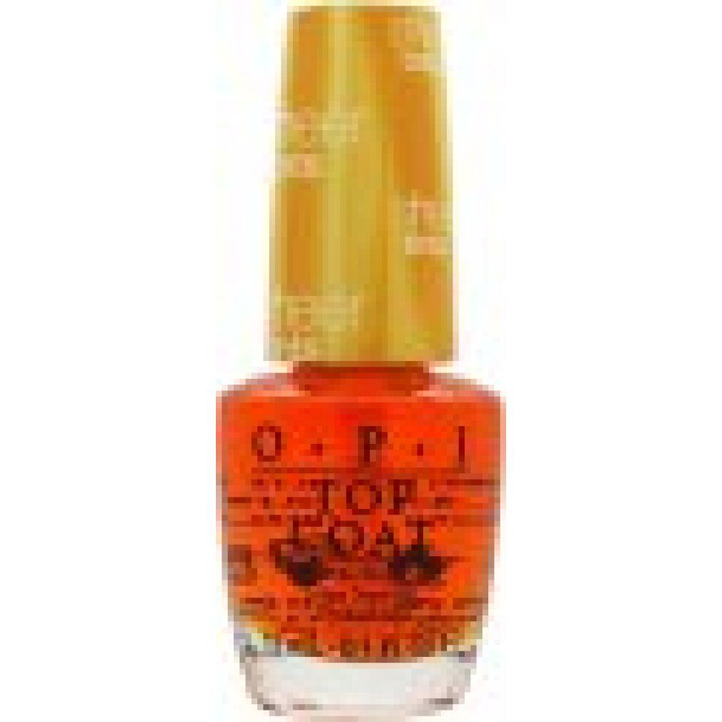 OPI Sheer Tints Top Coat fles. Oranje nagellak. Gele dop met tekst.
