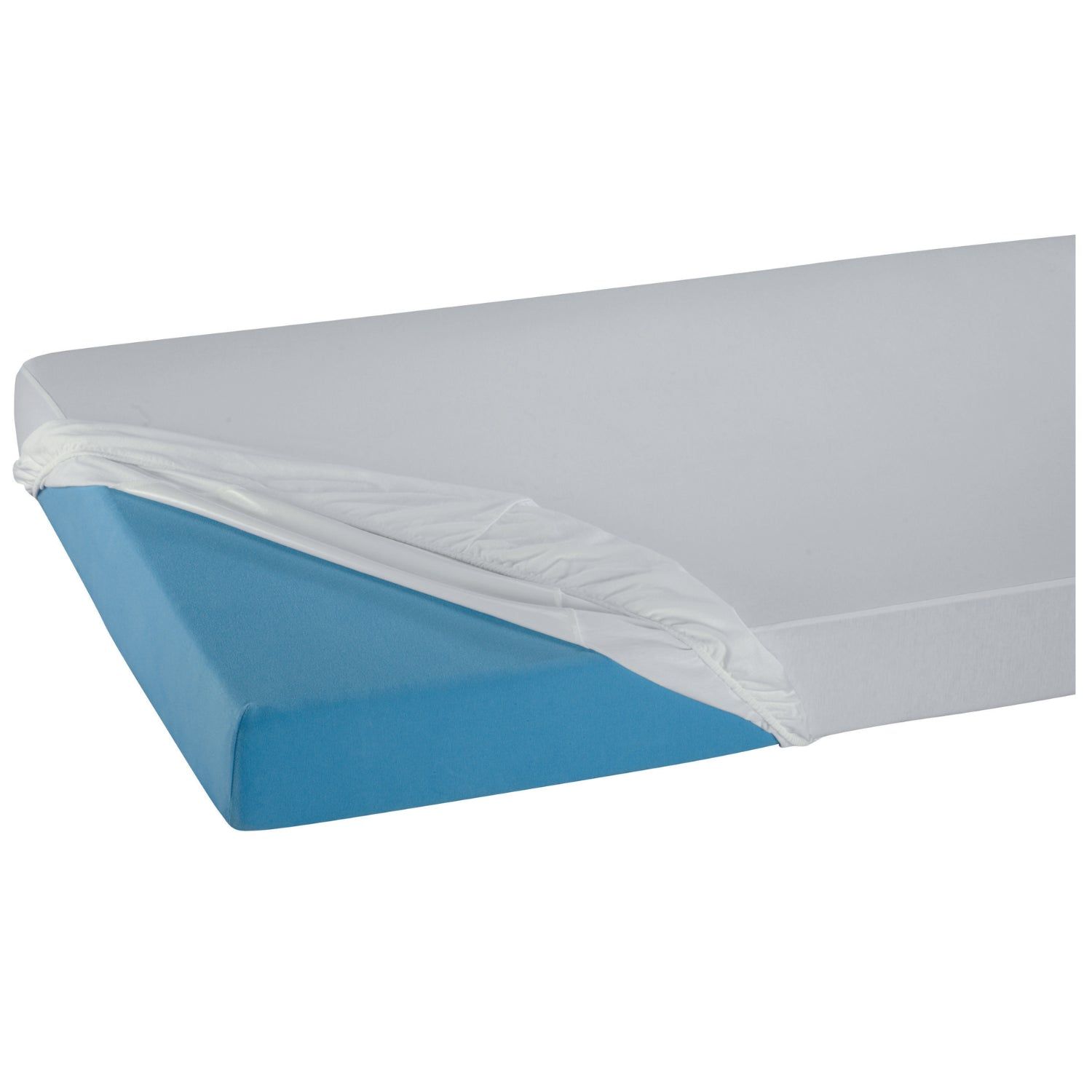 Wit PVC hoeslaken, gedeeltelijk over blauwe ondergrond. Hoek zichtbaar.