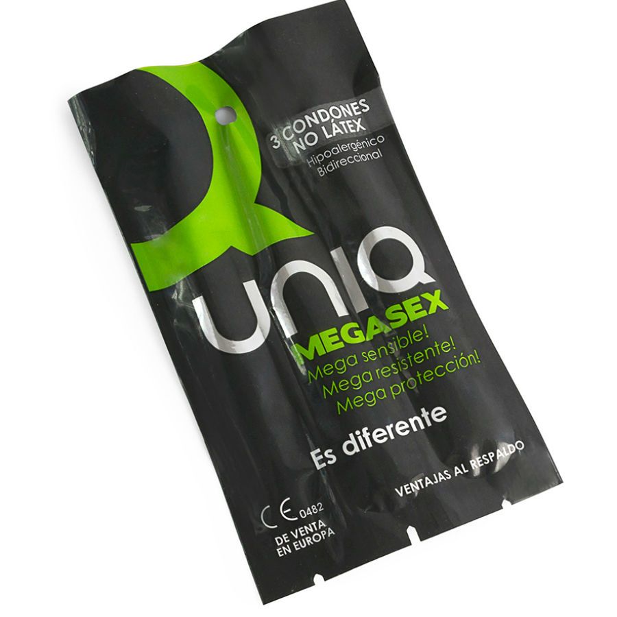 Emballage noir avec logo vert et texte: 3 préservatifs, sans latex. Texte: Mega sensible!, Mega resistente!, Mega protección! Marquage CE.