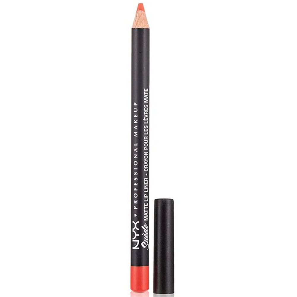 Oranje liplinerpotlood met zwarte schacht en dop. Opschrift: NYX Suede Matte Lip Liner.