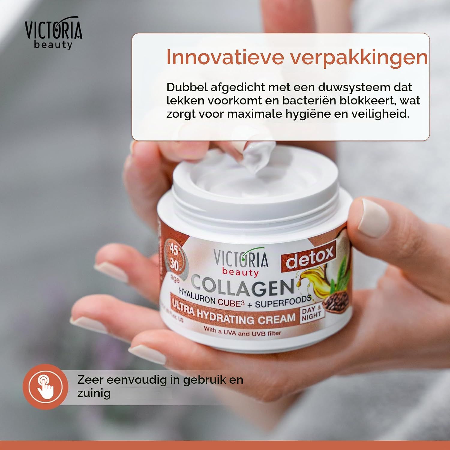 Victoria Beauty Collageencrème pot, lichte, niet-plakkerige textuur.