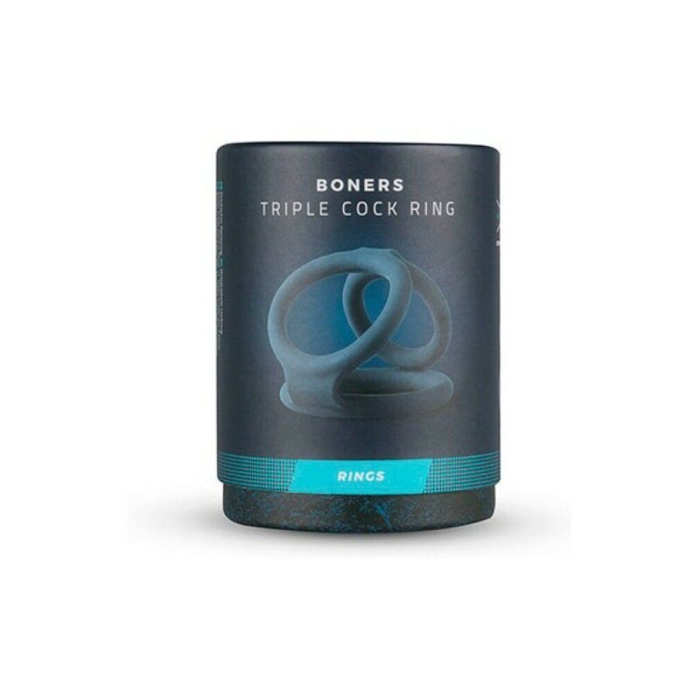 Emballage cylindrique. Inscription: BONERS TRIPLE COCK RING. Image du produit bleu. Anneaux.