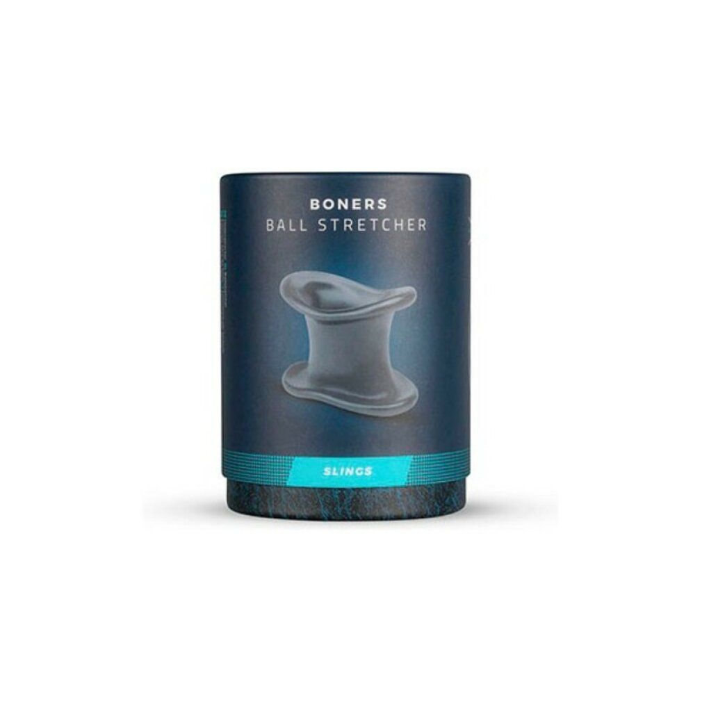 Emballage cylindrique avec image du produit. Texte : BONERS BALL STRETCHER, SLINGS. Couleurs : bleu, turquoise, gris.