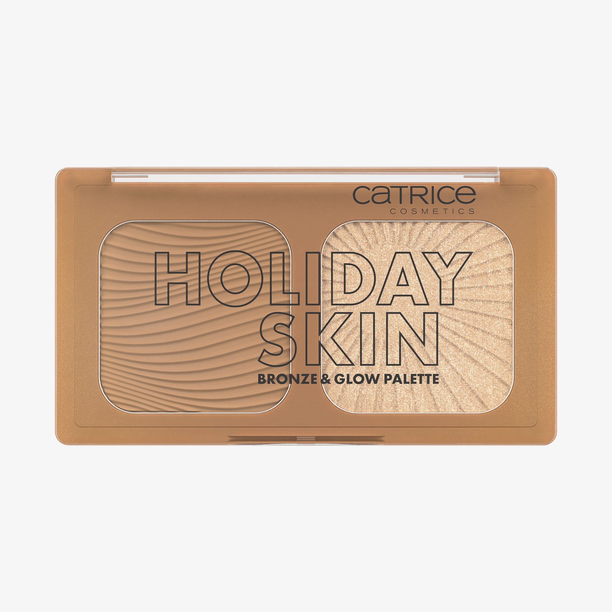 Cosmetische palette met tekst 'HOLIDAY SKIN BRONZE & GLOW PALETTE'. Links bruin product, rechts goudkleurig product.