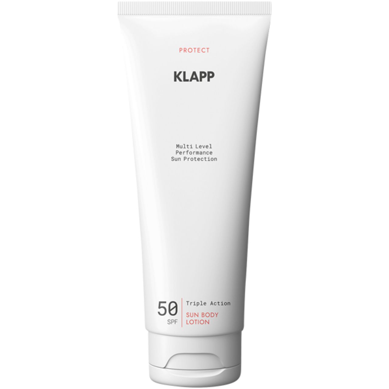Witte tube met productinformatie. Opschrift: KLAPP, Multi Level Performance, 50 SPF, Sun Body Lotion. Witte dop.