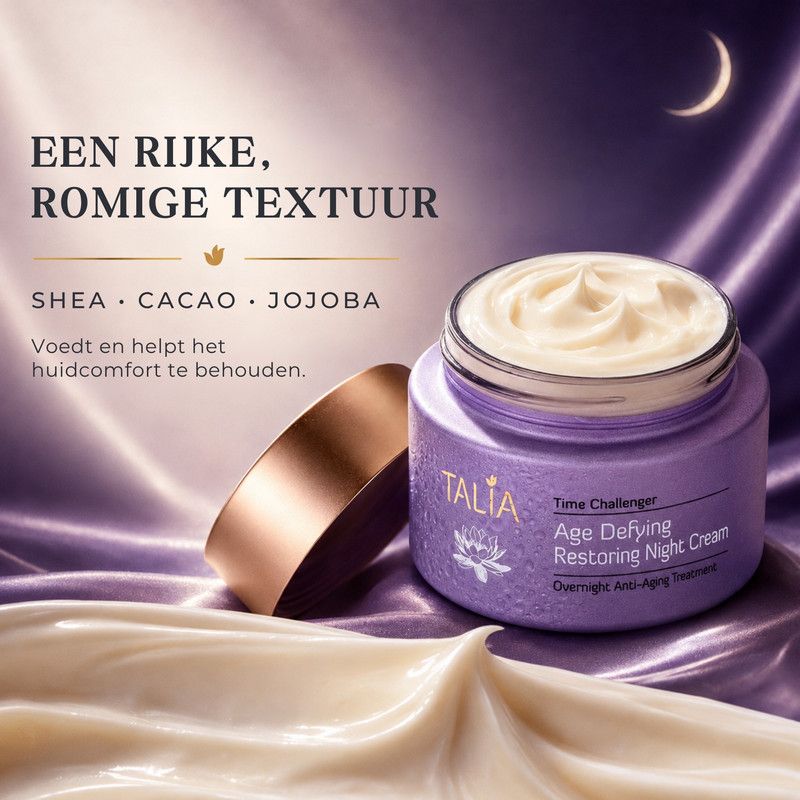 Vrouw in zijden ochtendjas die haar wang aanraakt. Tekst: 'Het avondritueel'.