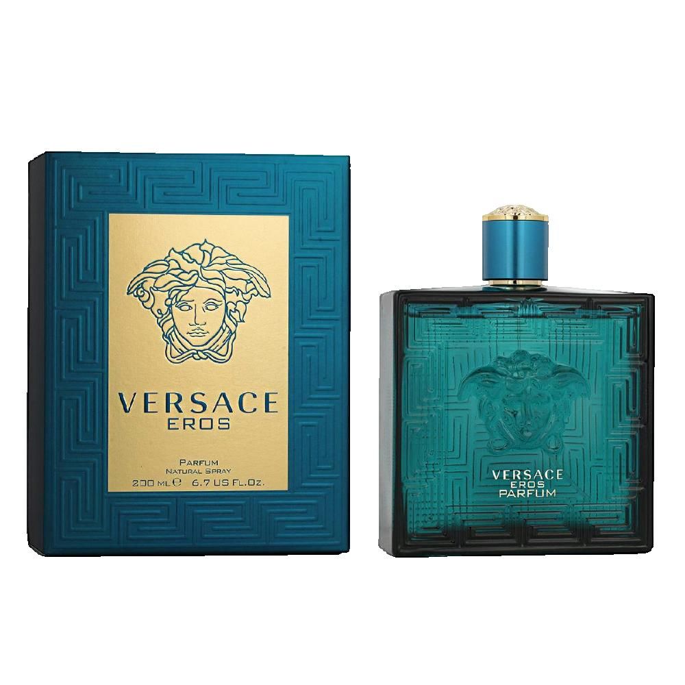 Turquoise fles en doos. Op de doos: Versace-logo, opschrift « EROS » en « Parfum ». Fles met blauwe dop en logo.