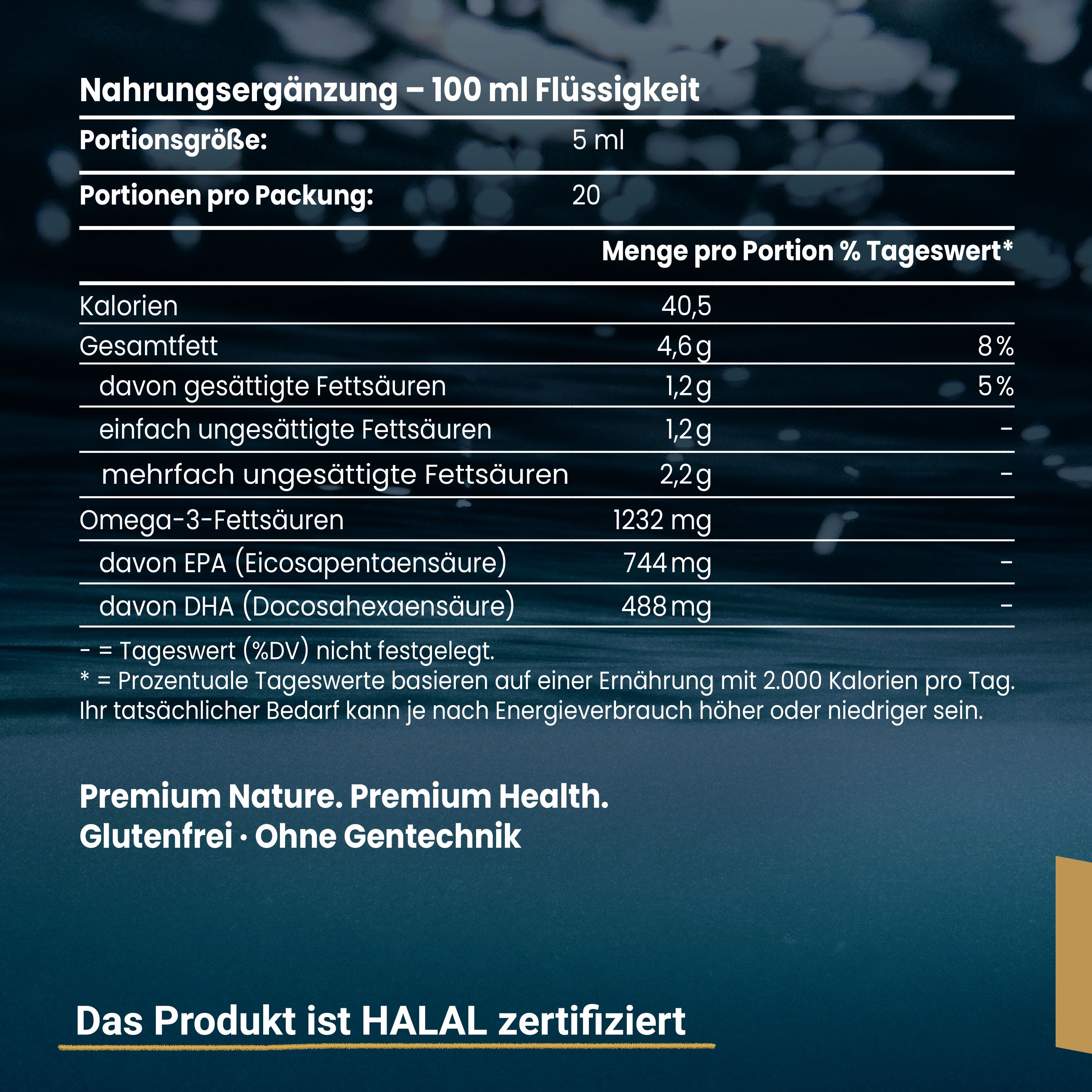 Voedingstabel. Tekst: "Nahrungsergänzung - 100 ml Flüssigkeit". Bevat calorieën, vetten, omega-3-vetzuren.