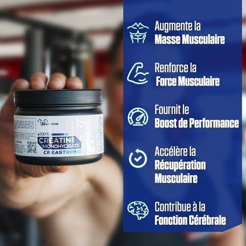 Pot met tekst: Creatine Monohydrate Creastrong. Tekst: 3000mg, Zuiverheid 100%, 0 toevoegingen. Logo: wolfskop.