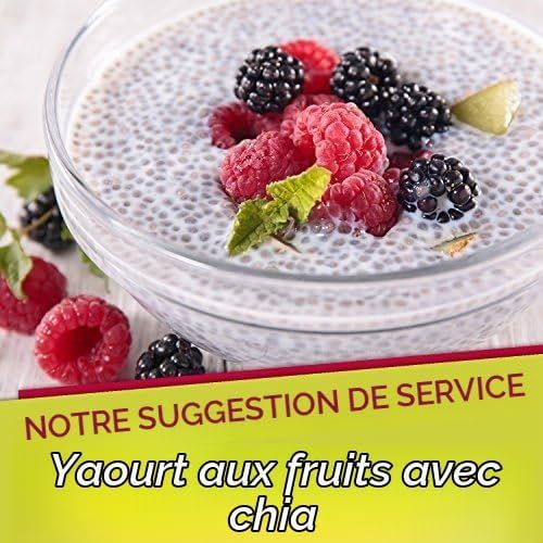 Bol de pudding aux graines de chia garni de baies et de menthe, avec suggestion de service.