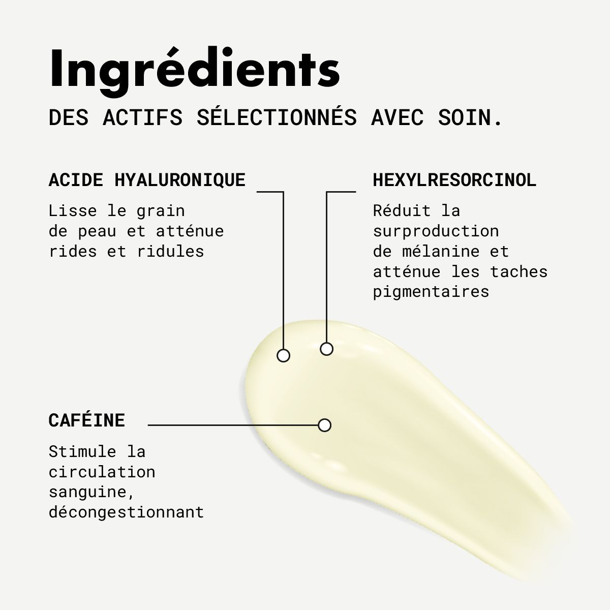 Ingrediënten op lichte achtergrond. Opschrift: Acide Hyaluronique, Hexylresorcinol, Caféine. Productmonster.