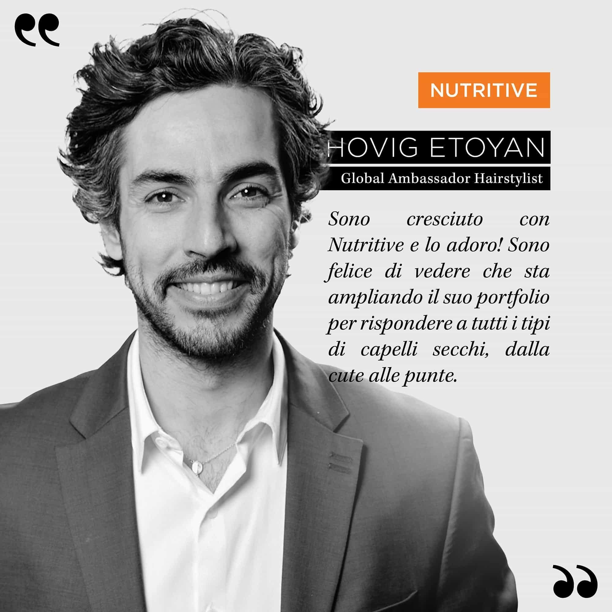 Portret van een man met baard die Kérastase Nutritive promoot.