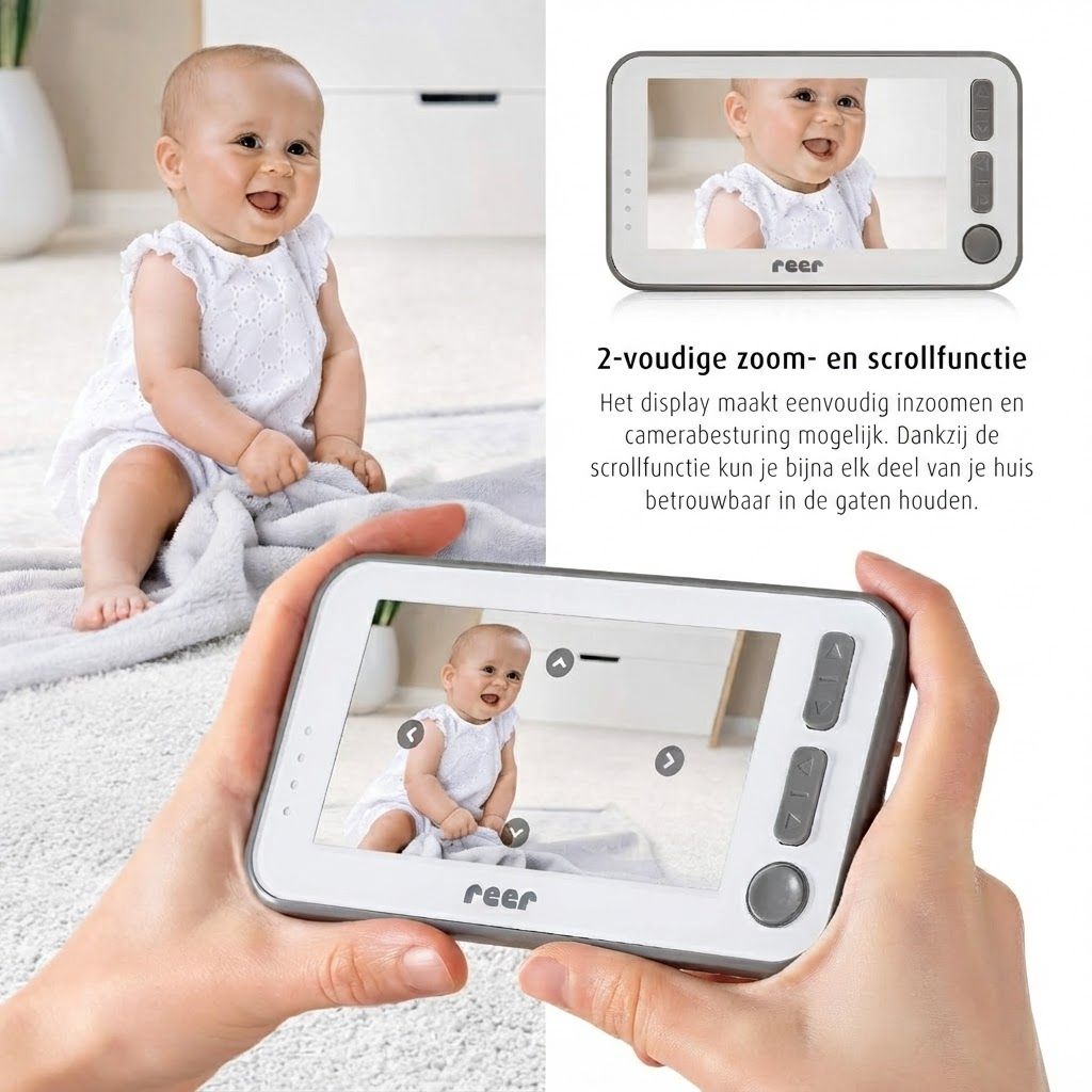 Een babyfoon-display toont een lachende baby. De bedieningselementen zijn zichtbaar.