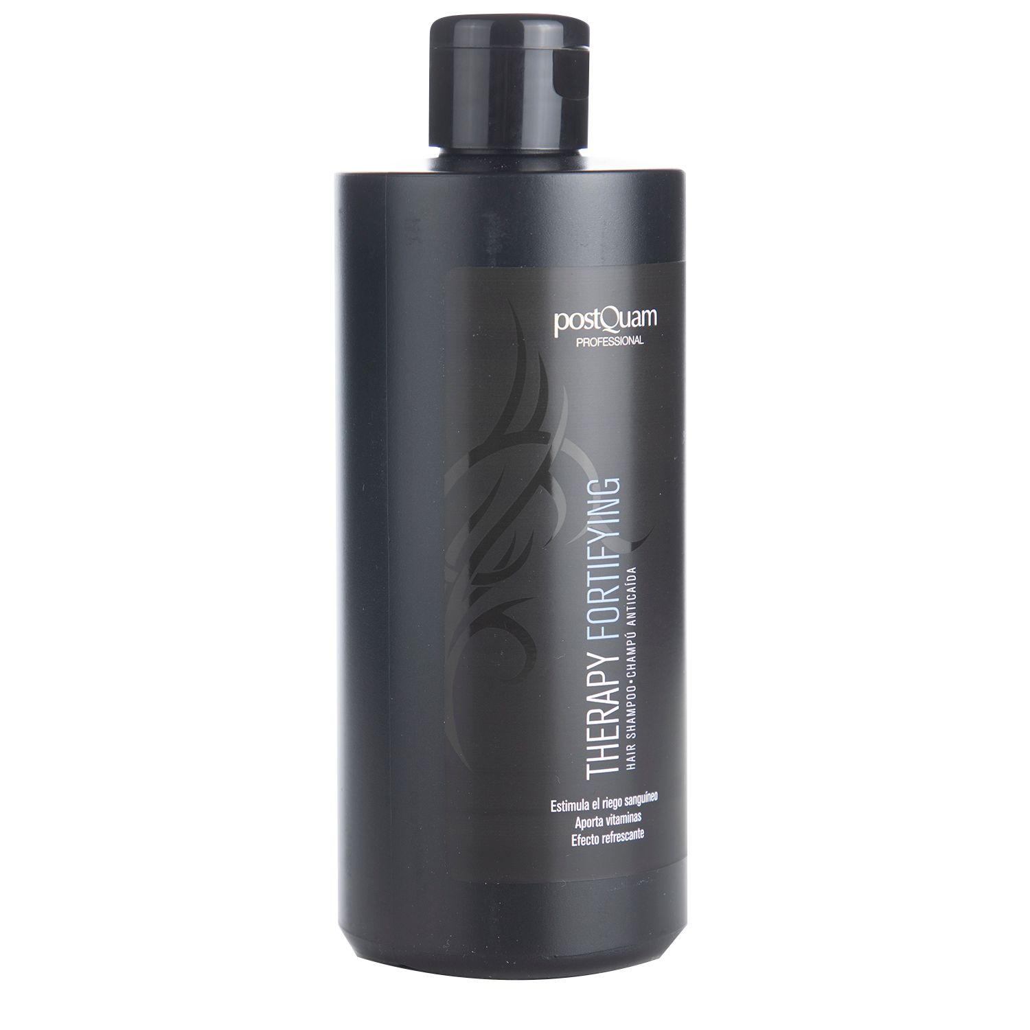 Zwarte shampoo fles met "Postquam Professional" en "Therapy Fortifying" tekst.